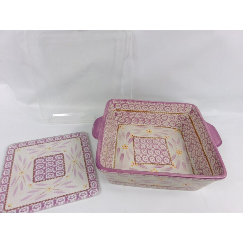 Temptations Ovenware by Tara Old World 2 Qt Pink Square Baking Dish w Lid Trivet